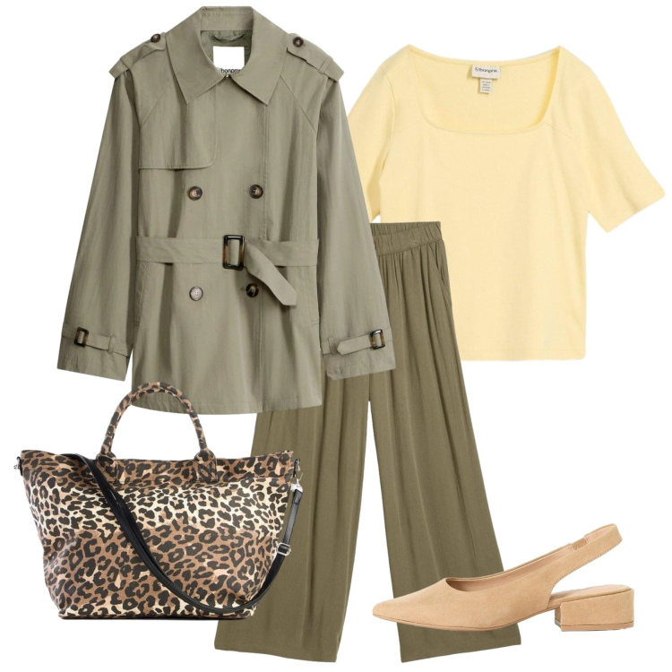 Outfit donna - Paglierino di Pasqua. Stile Bon Ton per Tutti i giorni. Abbinamento con pantaloni, décolleté, t-shirt, shopping bag, trench.