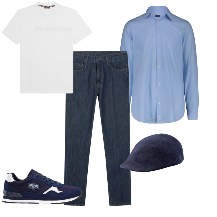Outfit uomo - Passeggiata. Stile Casual per Tutti i giorni. Abbinamento con sneakers, t-shirt, jeans, cappelli con visiera, camicie.