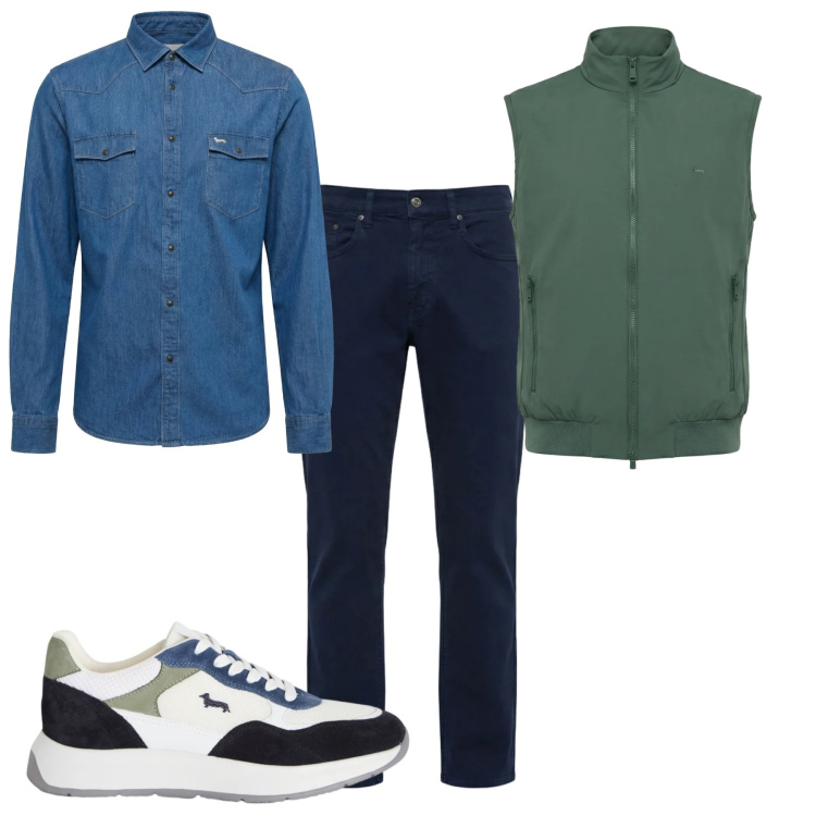 Outfit uomo - Fine settimana. Stile Casual per Tutti i giorni. Abbinamento con sneakers, gilet, camicie, pantaloni.
