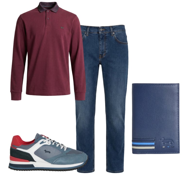 Outfit uomo - Pomeriggio. Stile Casual per Tutti i giorni. Abbinamento con sneakers, jeans, portafogli, polo.