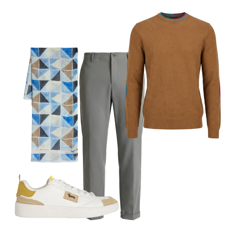 Outfit uomo - Fresco a marzo. Stile Casual per Tutti i giorni. Abbinamento con sneakers, sciarpe, pantaloni chino, maglieria.