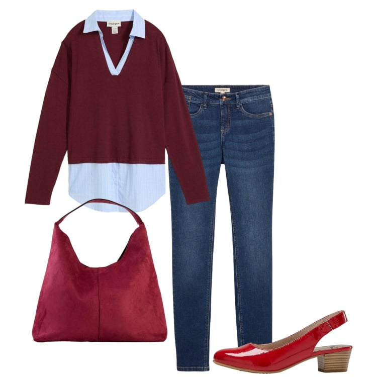 Outfit donna - Fragola. Stile Bon Ton per Ufficio. Abbinamento con maglieria, décolleté, jeans skinny, borse a spalla.