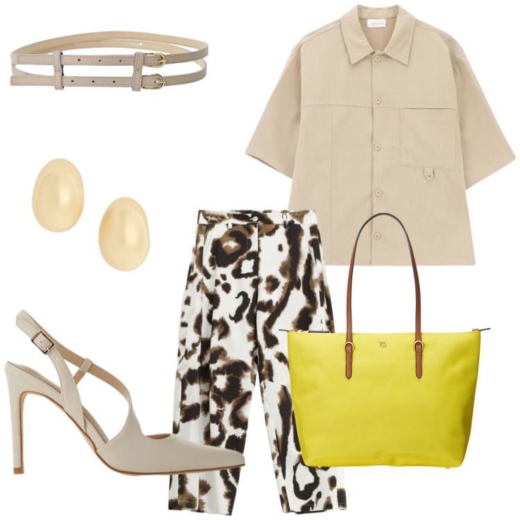 Outfit donna - Imperial - The New Crew SS 2026. Stile Urban per Tutti i giorni. Abbinamento con décolleté, pantaloni, cinture, camicie, borse tote, orecchini.