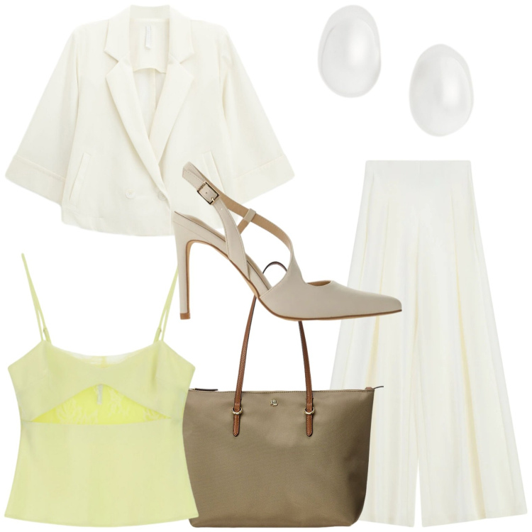 Outfit donna - Imperial - The New Crew SS 2026. Stile Urban per Tutti i giorni. Abbinamento con canottiere, pantaloni a palazzo, décolleté, blazer, borse tote, orecchini.