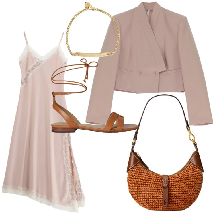 Outfit donna - Imperial - The New Crew SS 2026. Stile Minimal per Serata fuori. Abbinamento con blazer, vestiti lunghi, sandali in pelle, borse a spalla, braccialetti.