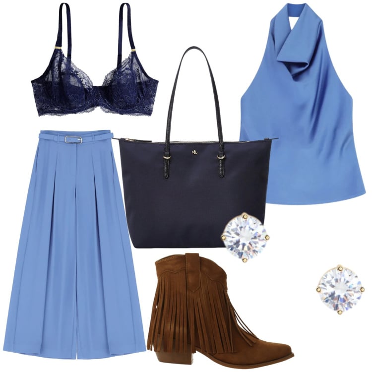 Outfit donna - Imperial - The New Crew SS 2026. Stile Trendy per Tutti i giorni. Abbinamento con borse tote, reggiseni, orecchini, top, stivaletti texani, pantaloni a palazzo.