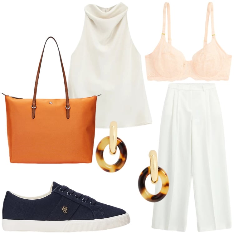 Outfit donna - Imperial - The New Crew SS 2026. Stile Casual per Tutti i giorni. Abbinamento con borse tote, sneakers, reggiseni, orecchini, top, pantaloni a palazzo.