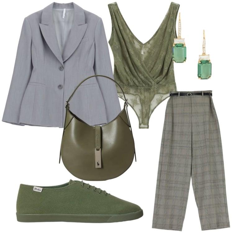 Outfit donna - Imperial - The New Crew SS 2026. Stile Minimal per Tutti i giorni. Abbinamento con orecchini, sneakers, borse a spalla, pantaloni a palazzo, top, blazer.
