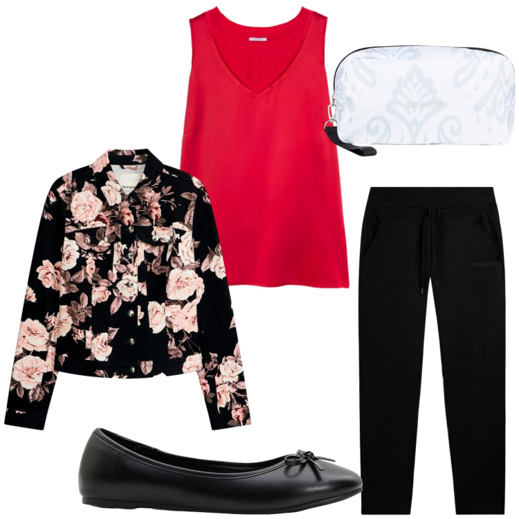 Outfit donna - Effetto floreale. Stile Minimal per Tutti i giorni. Abbinamento con blazer, ballerine, top, pantaloni, valigie.