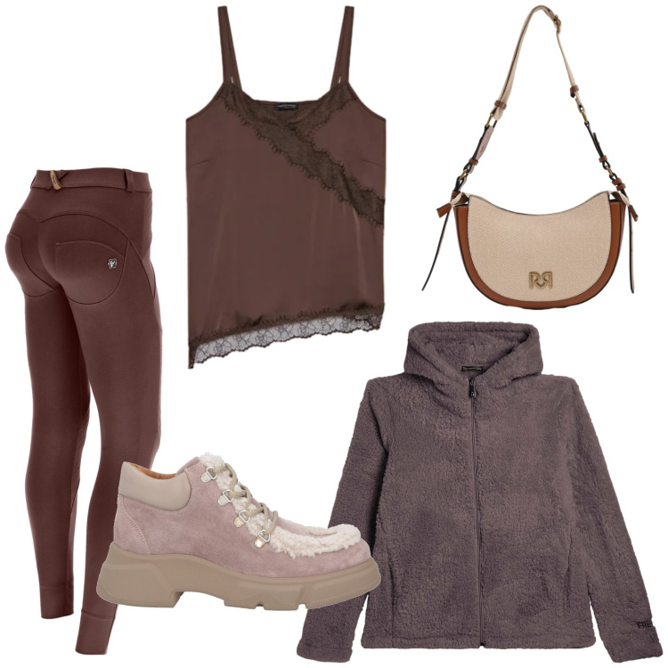 Outfit donna - Tempo libero. Stile Minimal per Tutti i giorni. Abbinamento con stivaletti, top, borse a tracolla, pantaloni skinny, felpe con cappuccio.