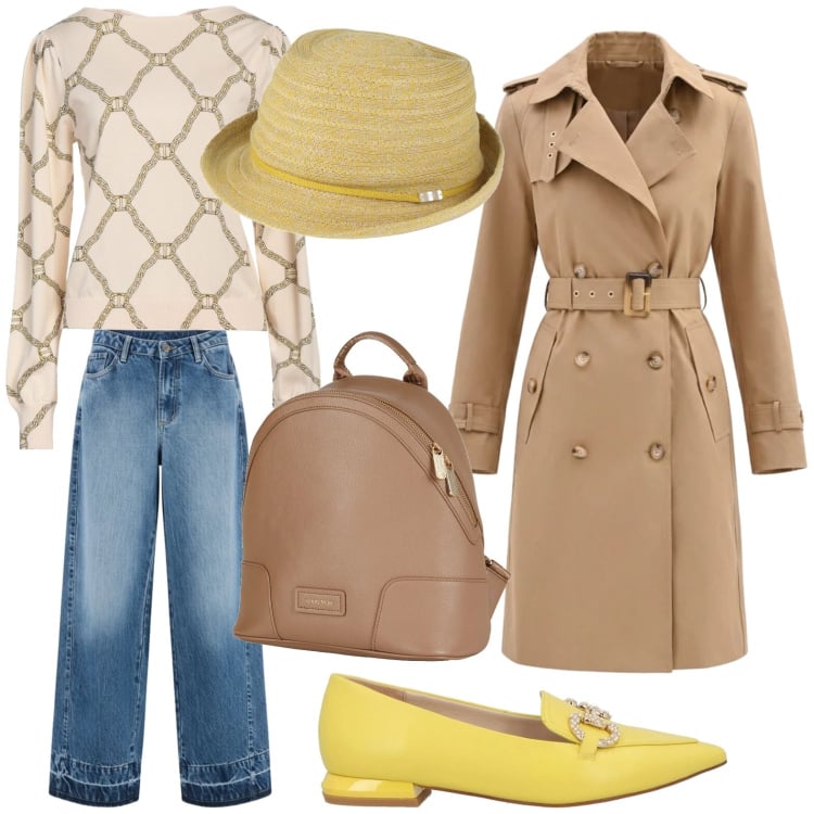 Outfit donna - Trench over. Stile Trendy per Tutti i giorni. Abbinamento con zaini, pullovers, mocassini, cappelli, trench, jeans dritti.