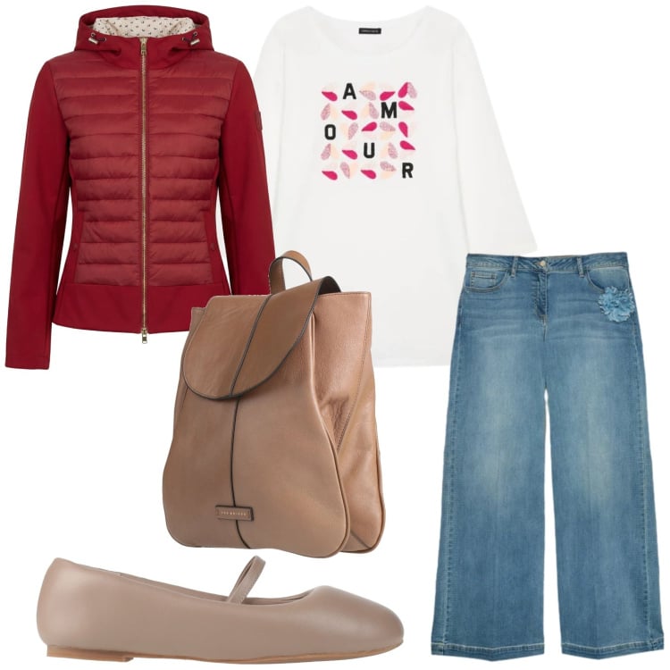 Outfit donna - Primavera chic. Stile Minimal per Tutti i giorni. Abbinamento con ballerine, zaini, t-shirt, jeans, giacche.