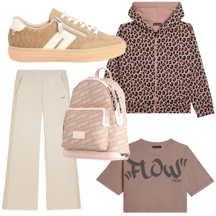 Outfit donna - Tempo libero. Stile Minimal per Tutti i giorni. Abbinamento con zaini, sneakers, pantaloni, felpe con cappuccio, t-shirt.