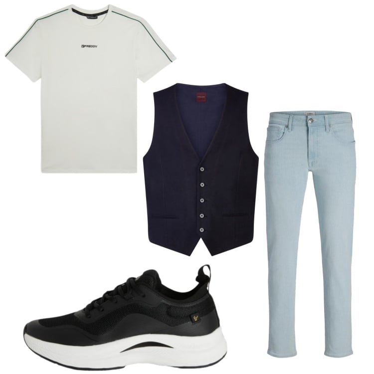 Outfit uomo - Mijimal. Stile Trendy per Tutti i giorni. Abbinamento con jeans, sneakers, t-shirt sportive, gilet.
