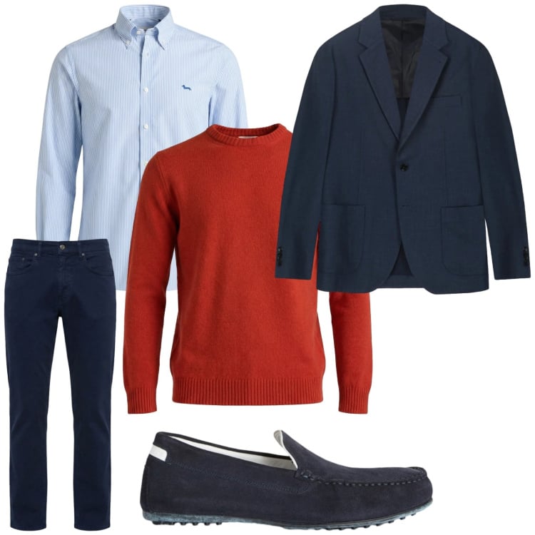 Outfit uomo - Blu notte. Stile Trendy per Ufficio. Abbinamento con scarpe stringate, camicie, pullovers, pantaloni, giacche.