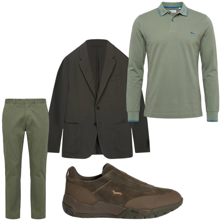 Outfit uomo - Total green. Stile Casual per Tutti i giorni. Abbinamento con polo, pantaloni cargo, sneakers, giacche.