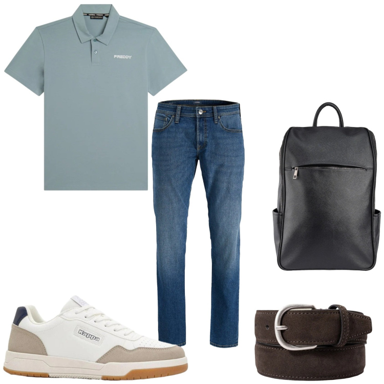 Outfit uomo - Polo per un giorno. Stile Casual per Tutti i giorni. Abbinamento con jeans, sneakers, polo, borse sportive, cinture.