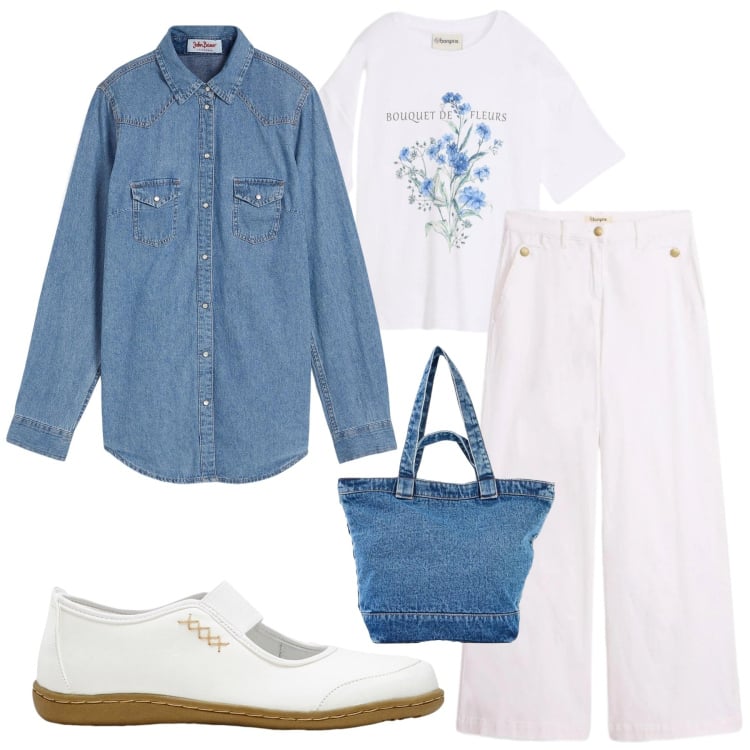 Outfit donna - Denim Bloom Casual. Stile Casual per Tutti i giorni. Abbinamento con camicie, ballerine, pantaloni, shopping bag, t-shirt, collane.