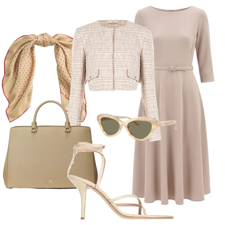 Outfit donna - Bon ton. Stile Bon Ton per Tutti i giorni. Abbinamento con infradito, vestiti midi/longuette, blazer, occhiali da sole, foulard, borse a mano.