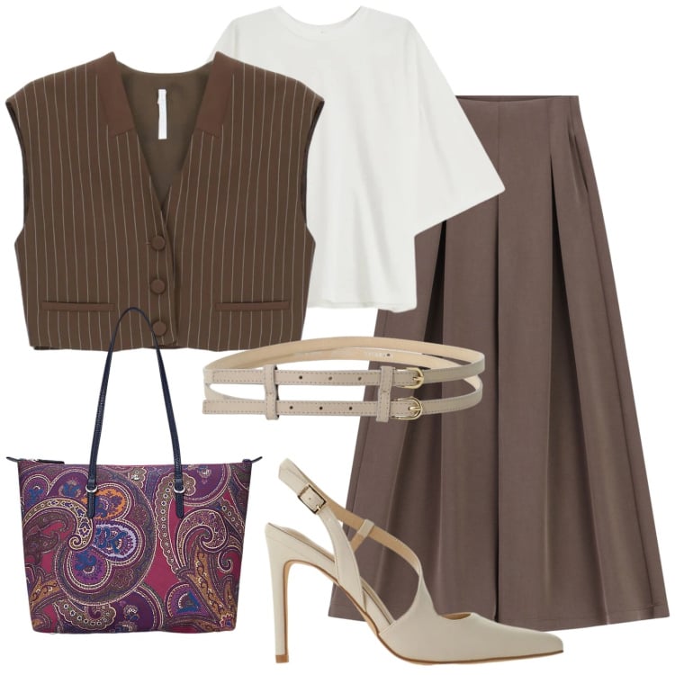 Outfit donna - City. Stile Casual chic per Ufficio. Abbinamento con borse tote, t-shirt, pantaloni a palazzo, gilet, décolleté, cinture.