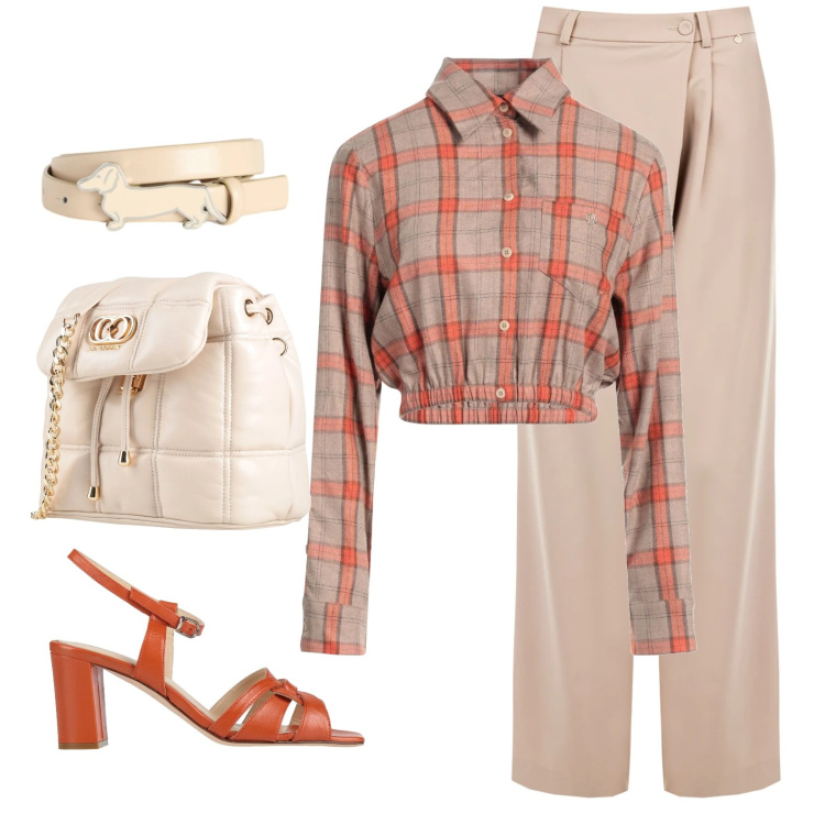 Outfit donna - Toni d\'arancio. Stile Glamour per Ufficio. Abbinamento con camicie, valigie, sandali in pelle, cinture, pantaloni a palazzo.