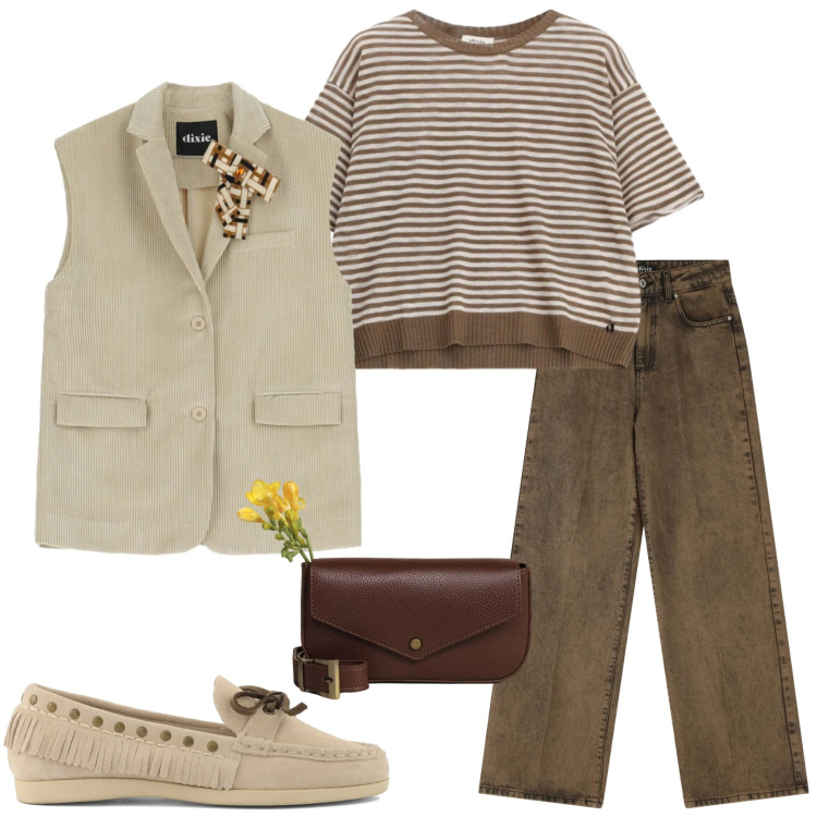 Outfit donna - Spring in Sale. Stile Casual chic per Tutti i giorni. Abbinamento con maglieria, borse a tracolla, jeans, gilet, mocassini.