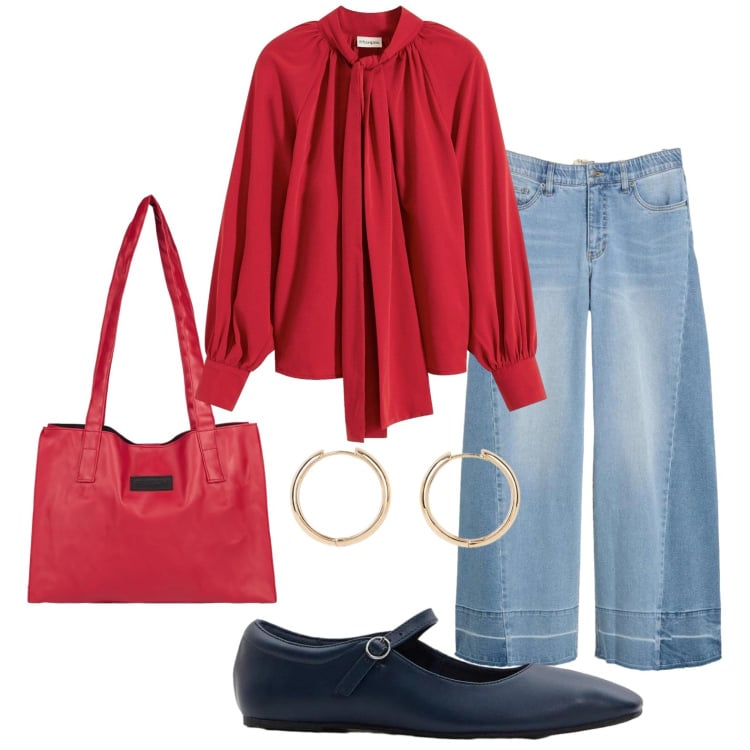 Outfit donna - Rosso primavera. Stile Casual per Tutti i giorni. Abbinamento con jeans, camicie, orecchini, ballerine, shopping bag.