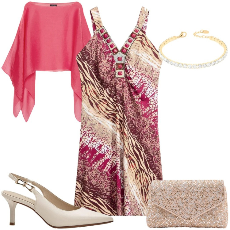 Outfit donna - Total look #2373569. Stile Chic per Cerimonia. Abbinamento con décolleté, vestiti, bolero, pochette, braccialetti.