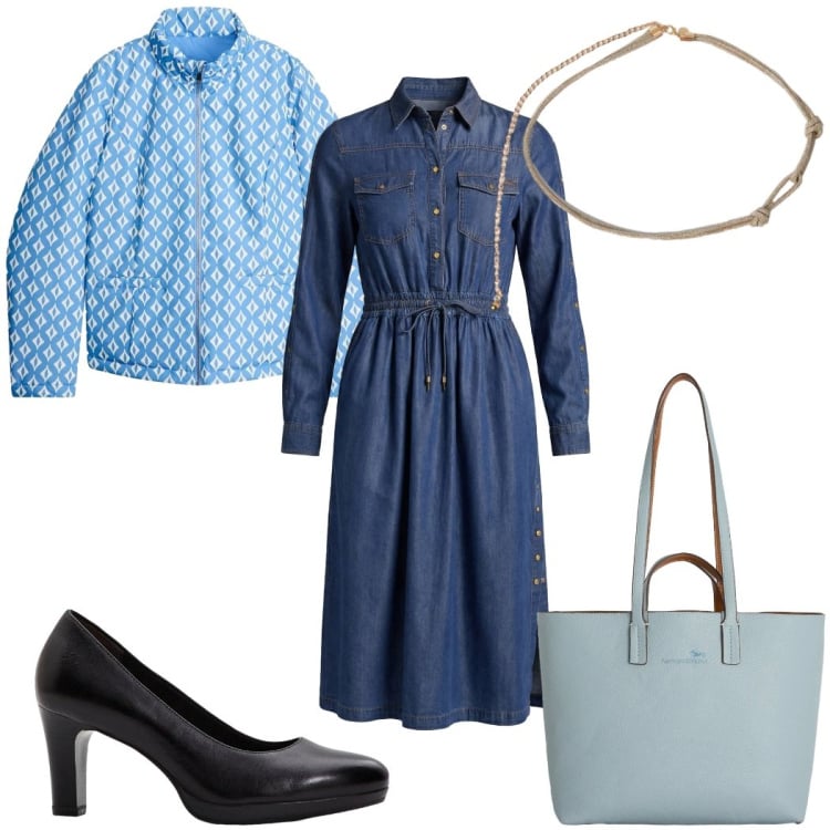 Outfit donna - Total look #2373570. Stile Trendy per Tutti i giorni. Abbinamento con décolleté, giacche, cinture, vestiti chemisier, shopping bag.