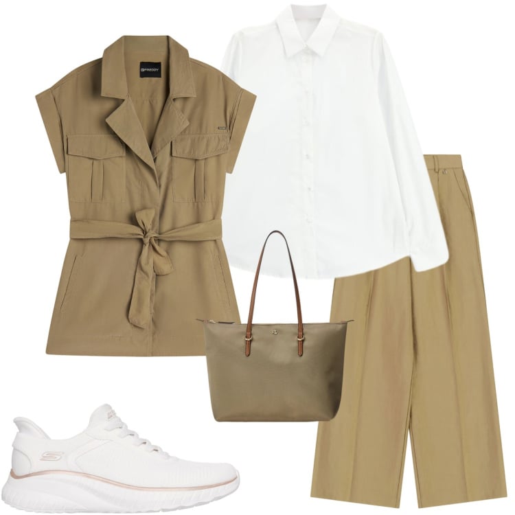 Outfit donna - Spring in Sale. Stile Casual chic per Ufficio. Abbinamento con camicie, pantaloni a palazzo, trench, borse tote, sneakers.