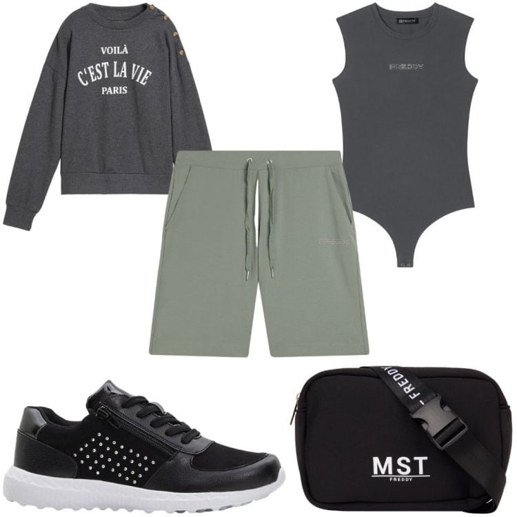 Outfit donna - Total look #2373576. Stile Basic per Sport. Abbinamento con sneakers, felpe, body, borse sportive, pantaloni corti.