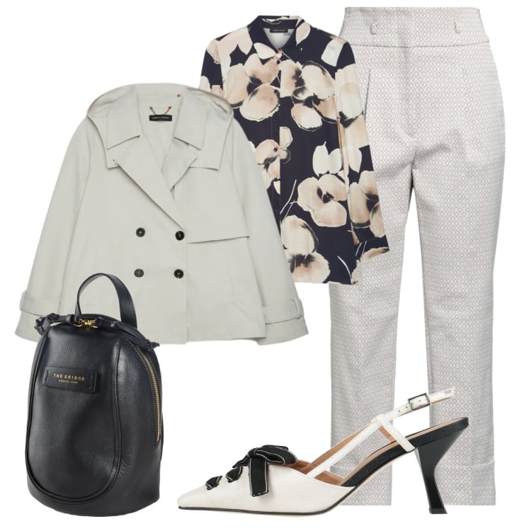 Outfit donna - Riunione con classe. Stile Bon Ton per Ufficio. Abbinamento con pantaloni, décolleté, zaini, trench, camicie.