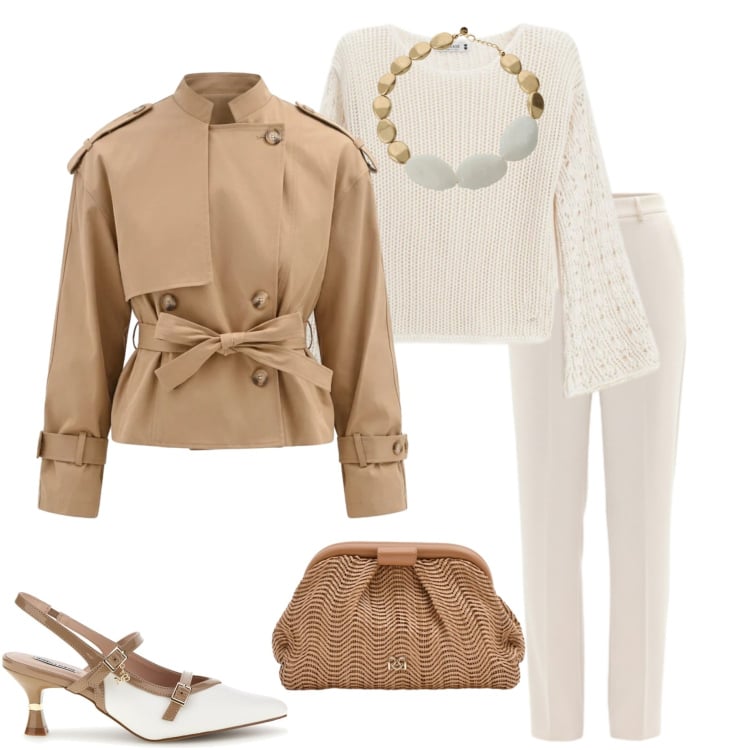 Outfit donna - Spring in Sale. Stile Urban per Tutti i giorni. Abbinamento con caban, pantaloni, pochette, collane, maglieria, décolleté.