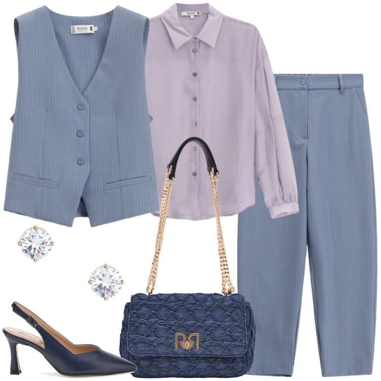 Outfit donna - Polvere elegante. Stile Chic per Cerimonia. Abbinamento con borse a spalla, pantaloni, camicie, gilet, orecchini, décolleté.