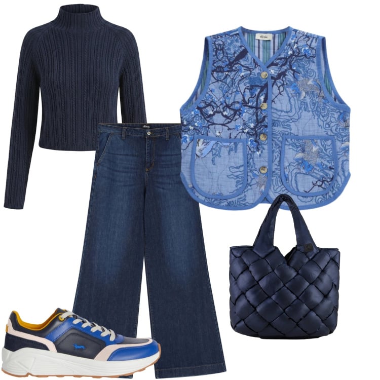 Outfit donna - Spring in Sale. Stile Casual chic per Tutti i giorni. Abbinamento con sneakers, maglieria, gilet, jeans, borse tote.