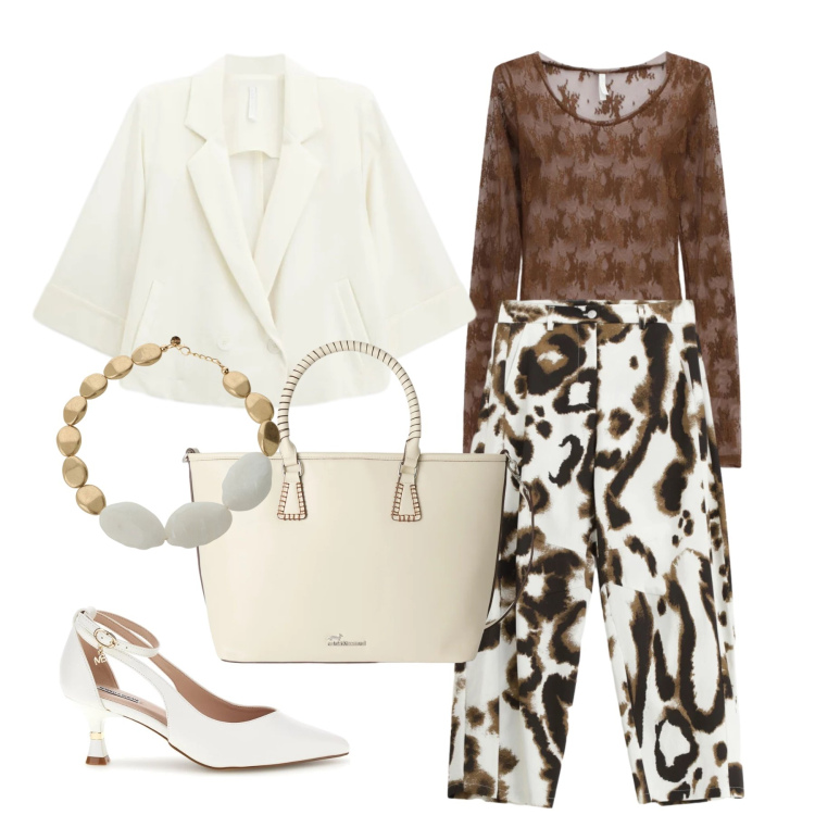 Outfit donna - Marzo. Stile Glamour per Tutti i giorni. Abbinamento con blazer, pantaloni, top, collane, shopping bag, décolleté.