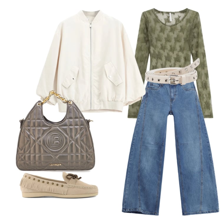 Outfit donna - Marzo. Stile Glamour per Tutti i giorni. Abbinamento con jeans, bluse, bomber, borse a mano, cinture, mocassini.