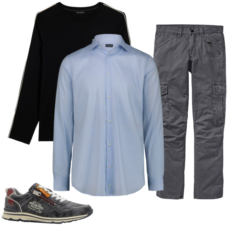 Outfit uomo - Total look #2373598. Stile Urban per Tutti i giorni. Abbinamento con sneakers, pantaloni cargo, t-shirt, camicie.