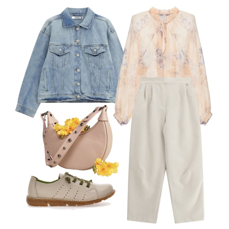 Outfit donna - Marzo. Stile Casual chic per Tutti i giorni. Abbinamento con blazer, bluse, pantaloni a palazzo, borse a spalla, scarpe stringate.