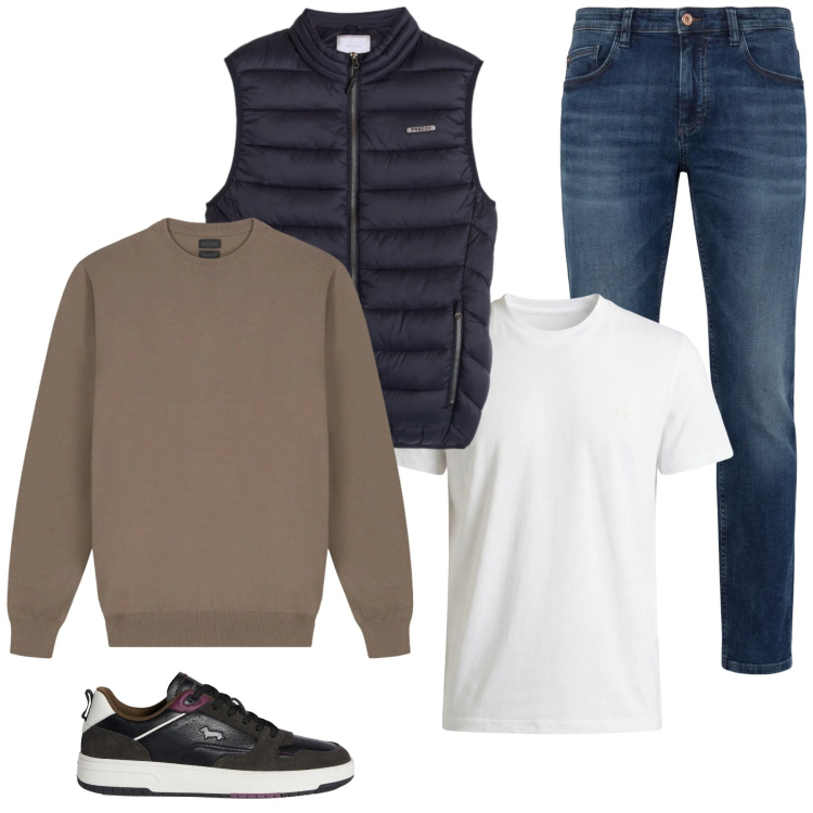 Outfit uomo - Total look #2373603. Stile Urban per Tutti i giorni. Abbinamento con sneakers, jeans, t-shirt, piumini, maglieria.