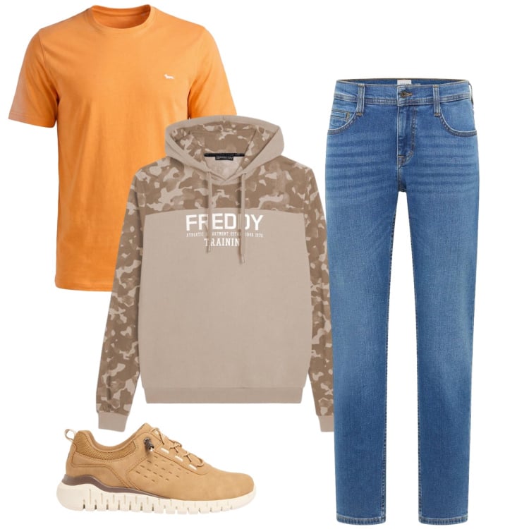 Outfit uomo - Total look #2373606. Stile Trendy per Tutti i giorni. Abbinamento con jeans bootcut, sneakers, t-shirt, felpe con cappuccio.