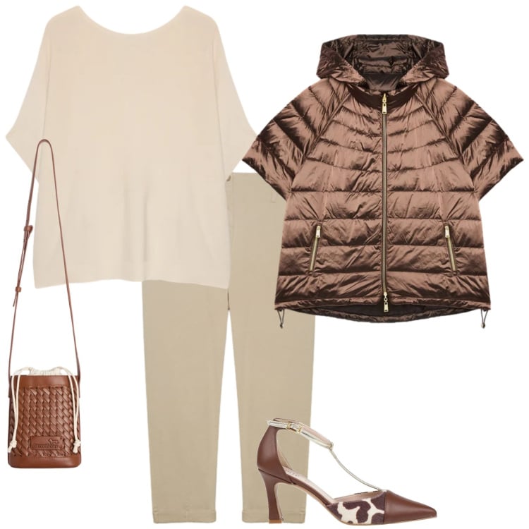 Outfit donna - Fresca primavera. Stile Casual chic per Tutti i giorni. Abbinamento con décolleté, piumini, t-shirt, pantaloni, borse a secchiello.