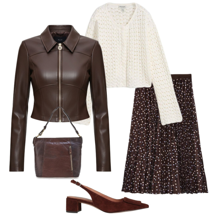 Outfit donna - Gonna a pois. Stile Casual chic per Serata fuori. Abbinamento con décolleté, cardigans, gonne lunghe, giacche, borse a spalla.