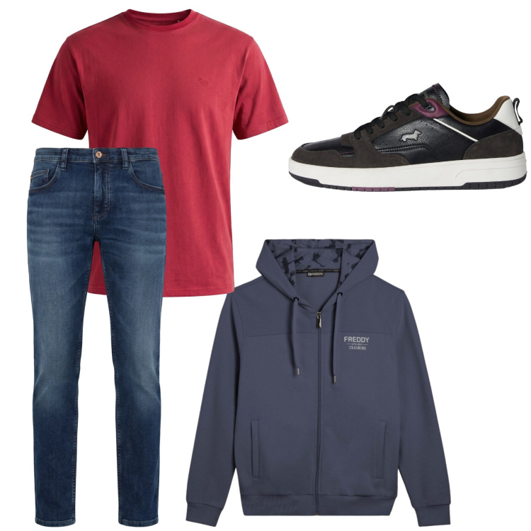 Outfit uomo - Total look #2373614. Stile Urban per Tutti i giorni. Abbinamento con t-shirt, sneakers, jeans, felpe con cappuccio.