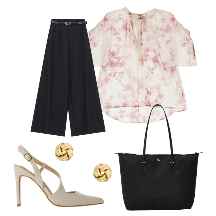 Outfit donna - Un fiore nella notte. Stile Casual chic per Tutti i giorni. look ideale per Tall. Abbinamento con borse tote, orecchini, bluse, pantaloni a palazzo, décolleté.