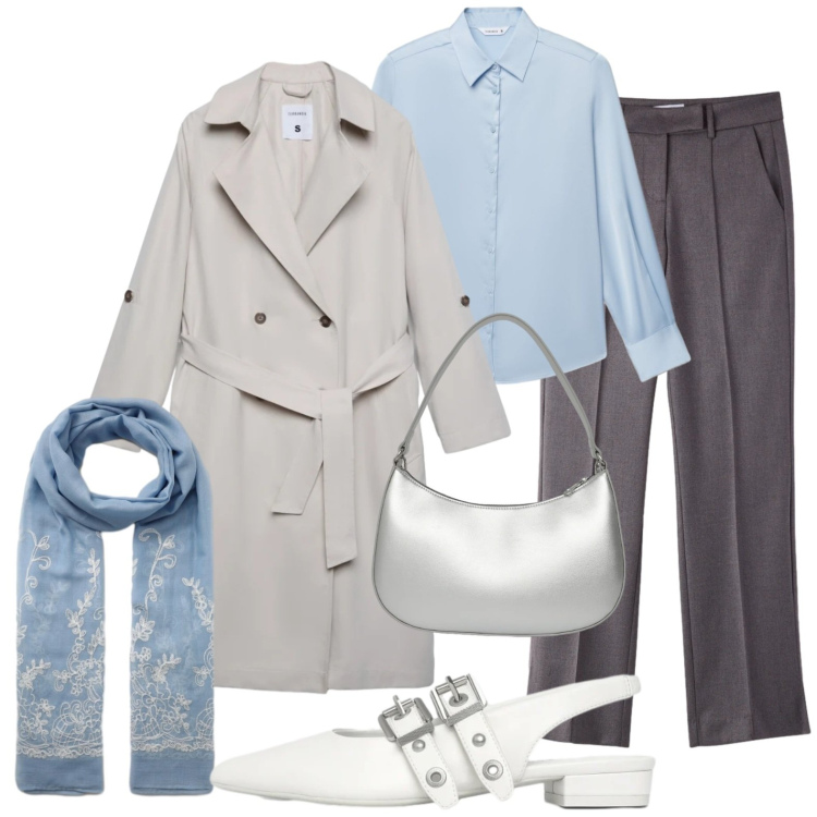 Outfit donna - Grigio brillante. Stile Urban per Ufficio. Abbinamento con sciarpe, ballerine, camicie, trench, pantaloni, borse a tracolla.