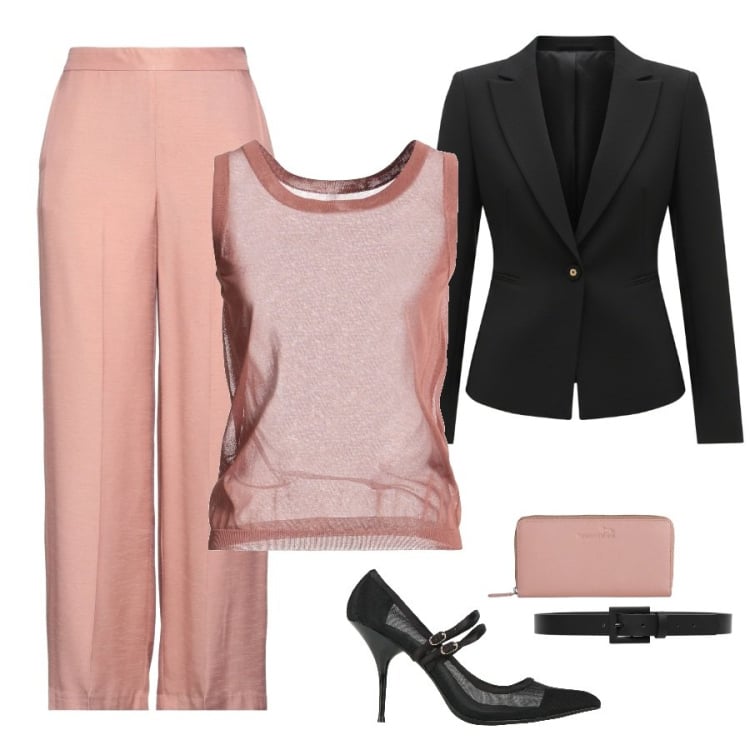 Outfit donna - marzo= rosa. Stile Casual chic per Serata fuori. Abbinamento con décolleté, top, pantaloni, portafogli, blazer, cinture.
