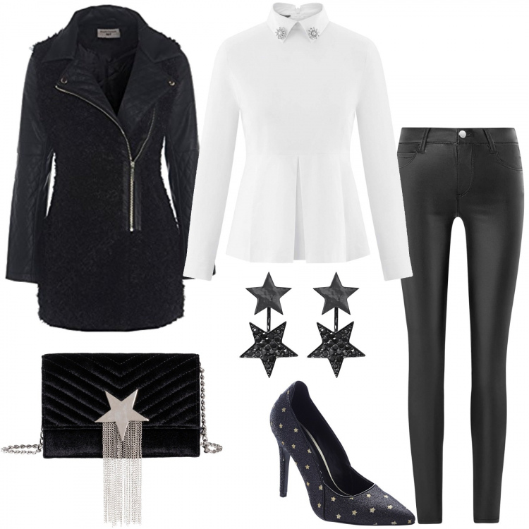 Outfit donna - Black star. Stile Rock per Serata fuori. Abbinamento con vestiti chemisier, borsa a tracolla con frange in velluto nero, orecchini con strass nero, camicetta aderente bianco, cappotto a maniche lunghe nero, pantalone in denim elasticizzato nero.