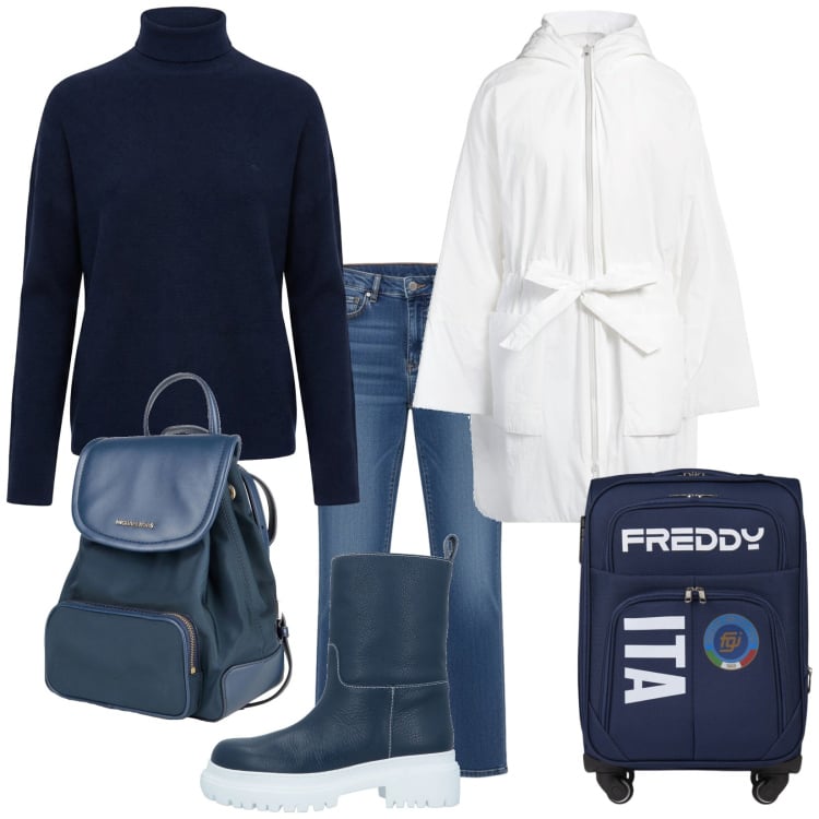 Outfit donna - Un biglietto per il Nord Europa. Stile Casual per Tutti i giorni. Abbinamento con zaini, parka, stivaletti, jeans, maglieria, borse sportive.