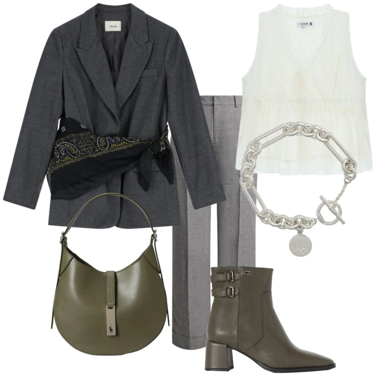 Outfit donna - Ufficio con stile. Stile Trendy per Ufficio. Abbinamento con blazer, top, stivaletti, braccialetti, pantaloni, borse a spalla.